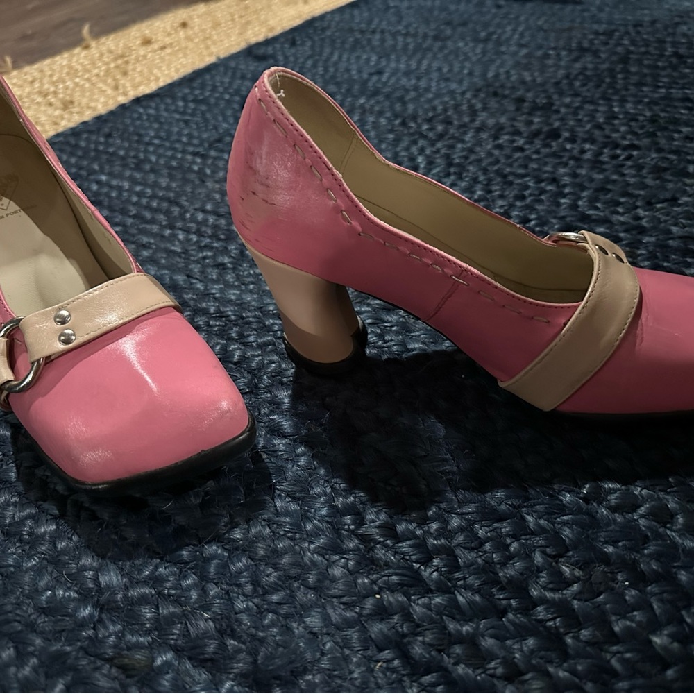 John Fluevog Pink and Beige Two-Tone Mary Jane Heels